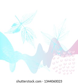 Abstract floral botanical background. Realistic herbs, flowers, plants in pastel colors with doodles , texture and gradient ribbon in pastel colors on white background.