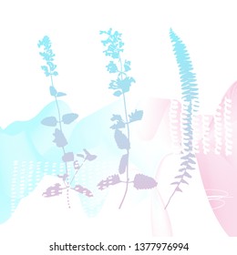 Abstract floral botanical background. Realistic herbs, flowers, plants in pastel colors with doodles , texture and gradient ribbon in pastel colors on white background.