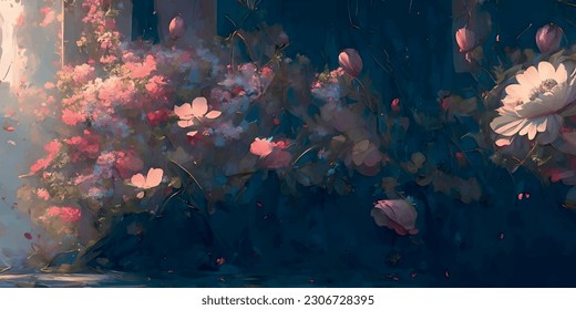 Abstract floral botanical background wallpaper frame banner design.Beautiful vector romantic digital peony roses flowers drawing illustration.Foliage.Pink blue red green colors.Card template.Blossom.