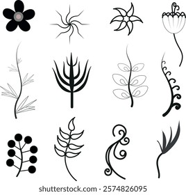 Abstract Floral and Botanical Elements in Black and White, Featuring Stylized Leaves, Flowers,
 and Decorative Plant Motifs, Perfect for Nature Designs, Patterns, Branding,
 and Minimalist Art Project