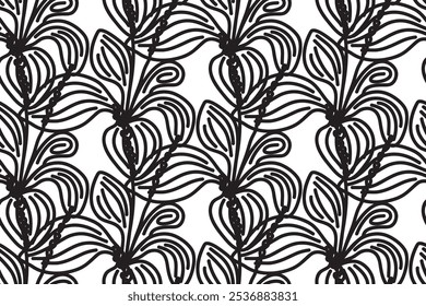 Abstract floral botanical seamless pattern vector illustration. Outline black trendy artistic plants on white background. Graphic design for fashion textile cover wrapping pack wedding invitation card