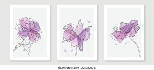 Abstract floral and botanical watercolor wall art vector set. Botanical flower line art with vibrant color painted background. Minimal nature design for home decor, interior, poster, cover, banner.