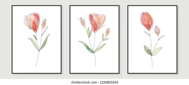 Abstract floral and botanical watercolor wall art vector set. Botanical flower line art with organic shapes, earth tone colors. Minimal nature design for home decor, interior, poster, cover, banner.