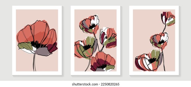 Abstract floral and botanical watercolor wall art vector set. Hand painted botanical flower line art and earth tone color. Minimal nature design for home decor, interior, poster, cover, banner.