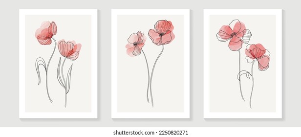 Abstract floral and botanical watercolor wall art vector set. Botanical flower line art with organic shapes, earth tone colors. Minimal nature design for home decor, interior, poster, cover, banner.