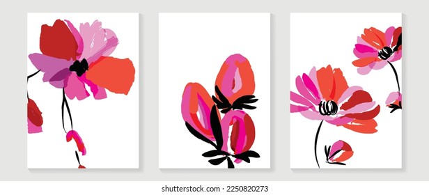 Abstract floral and botanical watercolor wall art vector set. Botanical flower with vibrant watercolor painting template canvas. Minimal nature design for home decor, interior, poster, cover, banner.