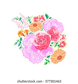 Abstract floral bouquet of pastel perennial flowers on a white background in vintage style print for textiles