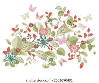 abstract floral branch with leaves and flowers. fancy vintage pattern with butterflies