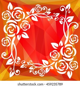 Abstract floral bright border on a red-orange polygonal background.