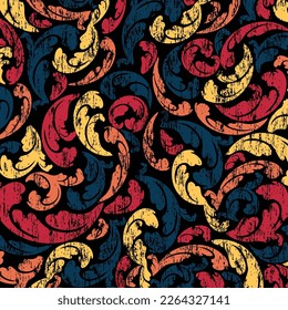 Abstract floral bright colors pattern. Leaves flat silhouettes with grunge texture