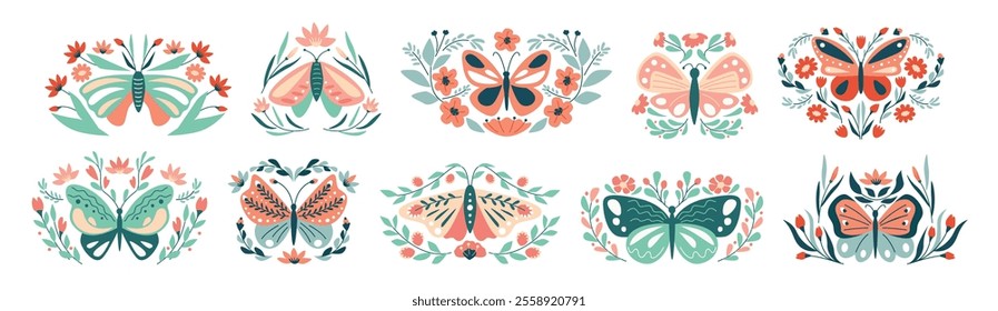 Abstract floral butterflies compositions. Symmetrical butterfly motifs with blooming flowers, leaves and greenery. Moth wings and hand drawn flowers, creative nature inspired vector illustration set.