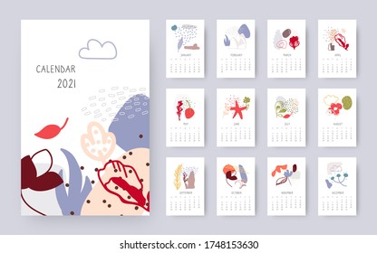 Abstract floral calendar 2021 year. Creative modern art template set with doodle organic elements. Simple decorative different shapes objects with spots, dots, lines. Isolated vector illustration