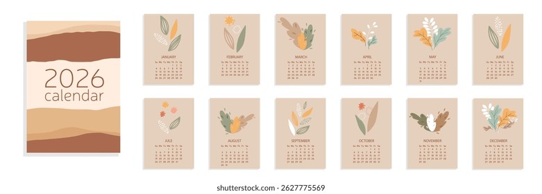 Calendário Floral Abstrato 2026 Ano. Calendário 2026 Ano A4 Semana Começa a partir de domingo. Arte vetorial desenhada à mão.