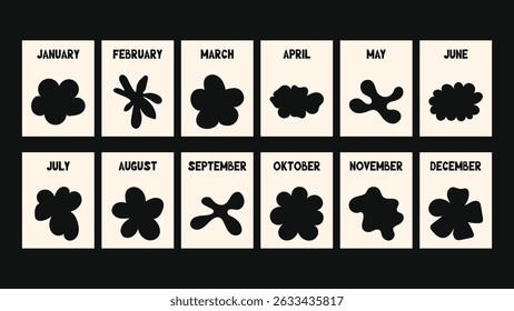 Abstract floral calendar design with expressive cutout flowers and leafy elements, bold retro color scheme, hippie groove style and printable templates for posters and placards