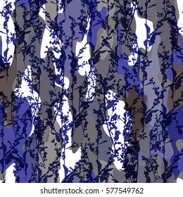 Abstract floral camouflage and stems pattern. Blue color vector stem silhouette with effect overlay on a camouflage background.