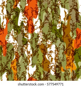 Abstract floral camouflage and stems pattern. Green orange color vector stem silhouette with effect overlay on a camouflage background.