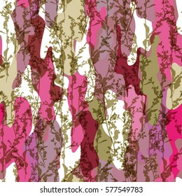 Abstract floral camouflage and stems pattern. Green pink color vector stem silhouette with effect overlay on a camouflage background.