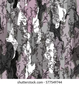 Abstract floral camouflage and stems pattern.Gray pink color vector stem silhouette with effect overlay on a camouflage background.
