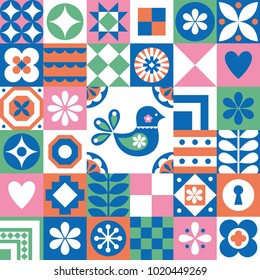 Abstract floral card. Seamless folklore pattern. Scandinavian and folk design. Vector Illustration.