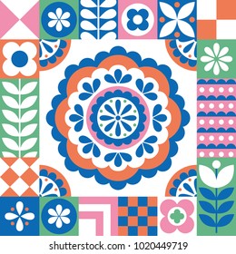 Abstract floral card. Seamless folklore pattern. Scandinavian and folk design. Vector Illustration.