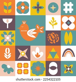 Abstract floral card. Seamless folklore pattern. Scandinavian and folk design. Vector Illustration.