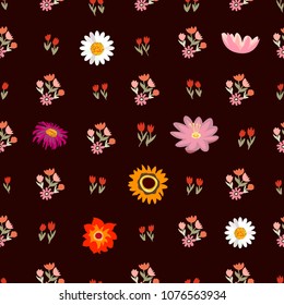 Abstract floral carpet. Seamless vector pattern with different floral elements. Chrysanthemums, chamomiles on brown background. Japanese, Chinese, Korean motifs. Vintage textile collection.