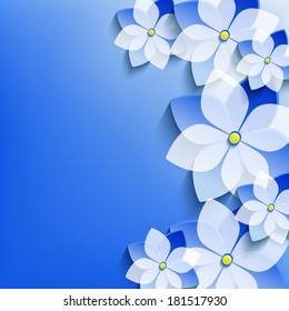 Abstract floral celebratory background with blue cut paper 3d flowers. Stylish trendy modern background. Greeting or invitation card. Vector illustration