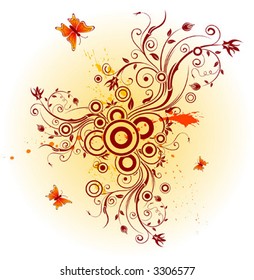 Abstract floral chaos with butterfly, element for design, vector illustration