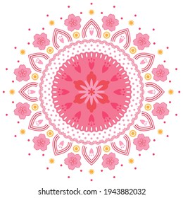 Abstract floral cherry blossom round mandala. Asia and japan sakura flower. Vector ornament pink color on white background