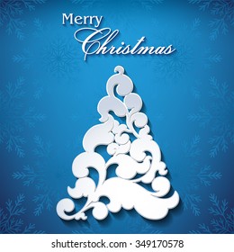 Abstract Floral Christmas Tree. Vector greeting card with blue background pattern