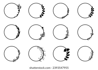Abstract floral circle frame element. Set of circle frame with flowers