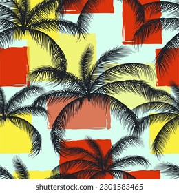 Abstract Floral coconut trees seamless pattern with leaves. tropical background