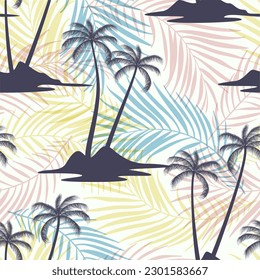 Abstract Floral coconut trees seamless pattern with leaves. tropical background