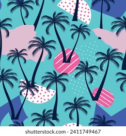 Abstract Floral coconut trees seamless pattern with leaves. tropical background