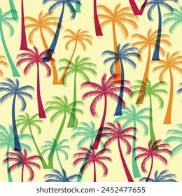 Abstract Floral coconut trees seamless pattern with leaves. tropical background