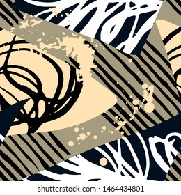 Abstract floral collage. Textured background with hand drawn organic shapes. Seamless vector pattern