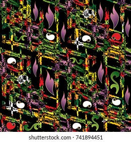 Abstract floral colorful seamless pattern. Black vector background with grunge abstract flowers,  lines and vintage paisley ornaments. Surface texture for wallpapers, fabric, prints