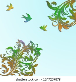 Abstract floral colorful vector background with paper flowers and birds.