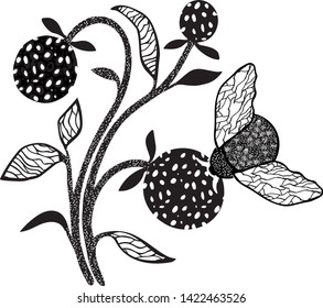 Abstract floral composition of black and white silhouettes of berries,flowers,leaves,bee isolated on white background.Vector illustration for your design
