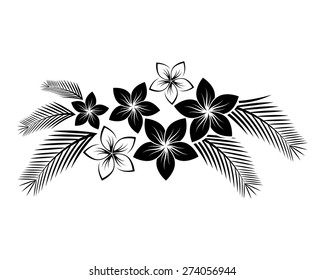 Abstract floral composition with frangipani flowers and palm leaves for design.