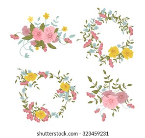 Abstract floral composition with large and small pink, blue and yellow colors for your project. Vector illustration
