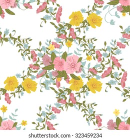 Abstract floral composition with large and small pink, blue and yellow colors for your project. Vector illustration