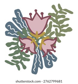 Abstract floral composition. Three pink flowers with red outlines, surrounded by decorative leaves. Abstract floral composition with pink flowers and organic shapes. Modern boho style design perfect for interior decor, textile, packaging, and branding.