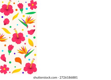 Abstrakter floraler Konfetti-Hintergrund mit seitlichem Randkopienraum. Sommervorlage mit fallenden Blütenblättern, Hibiskus und Punkten. Vektor flache Design-Layout für Feier Banner oder Party-Karte.