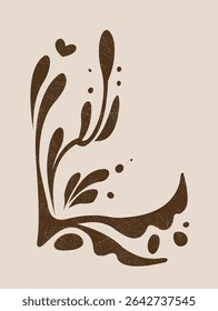 Abstract floral corner ornament with grunge texture, dark brown color on beige background, inspired by vintage nature patterns, suitable for decorative themes. Vector illustration