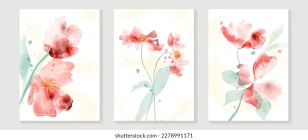 Abstrakter floraler Hintergrund, Vektorgrafik. Set von Frühlingspflanze handgezeichnet Vorlage mit Blumen, Blättern, Wildblumen. Farbige Aquarellstruktur für Tapete, Banner, Drucke, Inneneinrichtung, Poster.