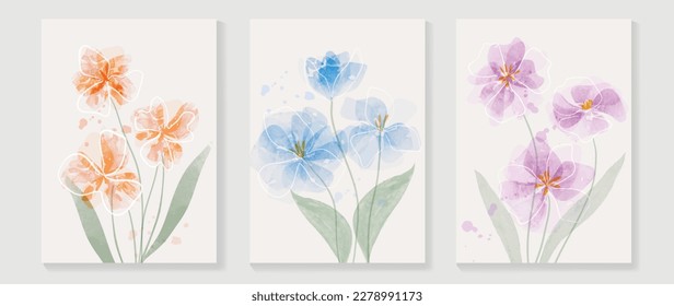 Abstract floral cover background vector. Set of spring plant hand drawn template with flowers, leaves, wildflower. Colorful watercolor texture design for wallpaper, banner, prints, interior, poster.