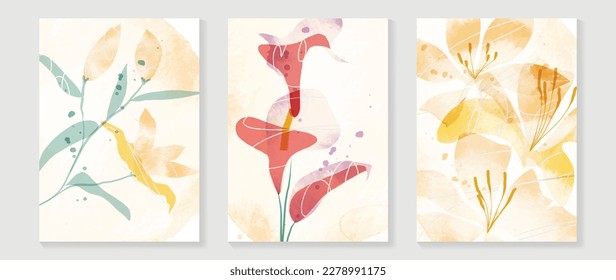 Abstract floral cover background vector. Set of spring plant hand drawn template with flowers, leaves, wildflower. Colorful watercolor texture design for wallpaper, banner, prints, interior, poster.