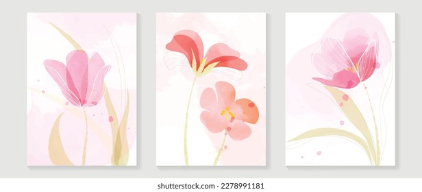 Abstract floral cover background vector. Set of spring plant hand drawn template with flowers, leaves, wildflower. Colorful watercolor texture design for wallpaper, banner, prints, interior, poster.