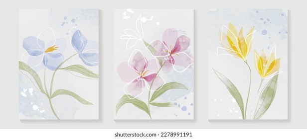 Abstract floral cover background vector. Set of spring plant hand drawn template with flowers, leaves, wildflower. Colorful watercolor texture design for wallpaper, banner, prints, interior, poster.